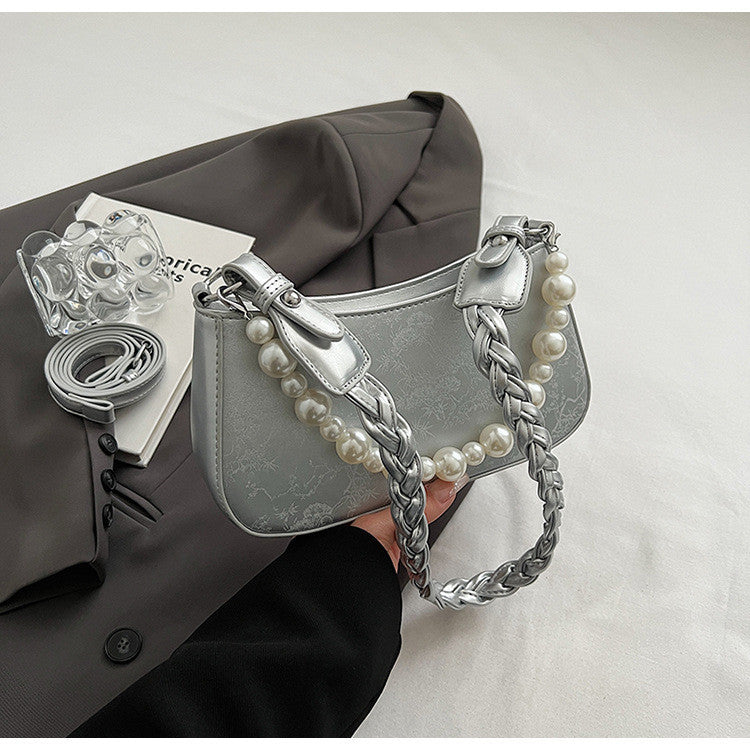 Ielgy Portable Small Bag Western Classy One-Shoulder Fashion Simple Retro Pearl Portable Messenger Bag