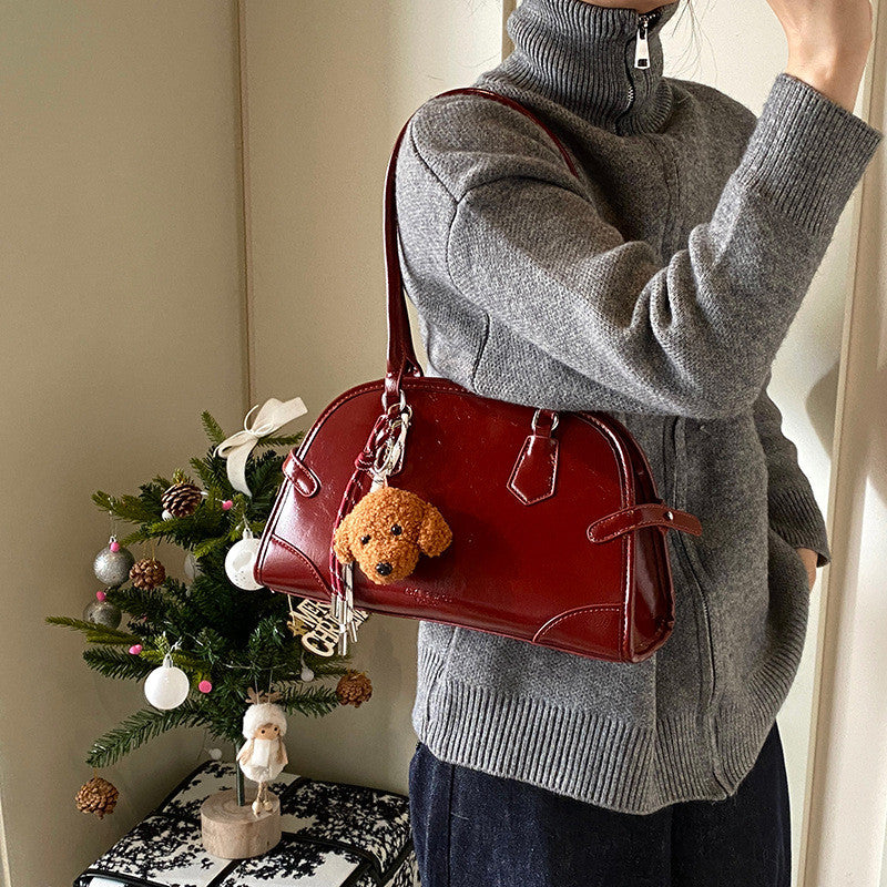 Ielgy Retro Oil Wax Leather Bowling Bag Large Capacity Underarm Pillow Bag High-End Handbag