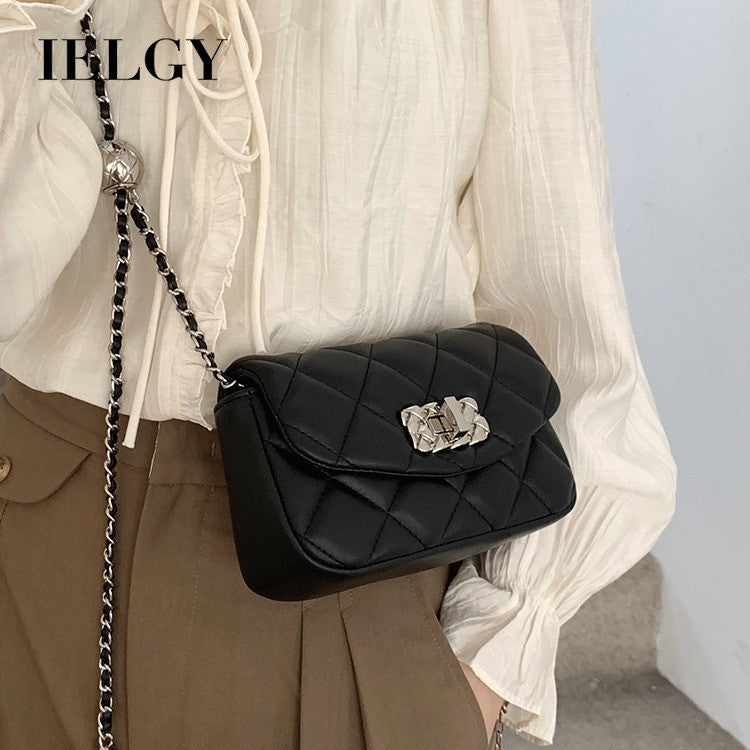 Ielgy Ladies Black Diamond Small Golden Ball Chain Small Square Bag Fashionable All-Match Shoulder Messenger Bag