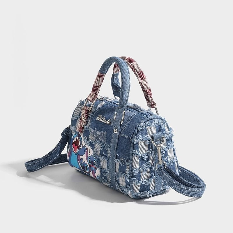 Ielgy Contrast Color Niche Cartoon Stitch Denim Bag Hole Stitching Cross-body Portable Pillow Bag