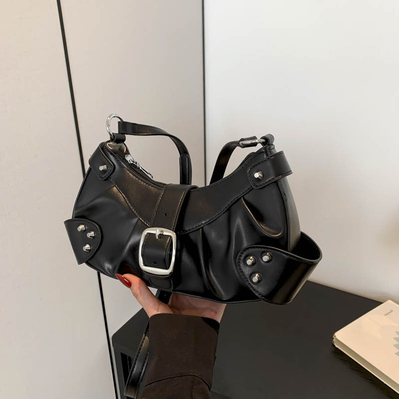 Ielgy Folded Motorcycle Style One-Shoulder Underarm Silver Bag Ladies Fashion Commuter Diagonal Small Square Bag