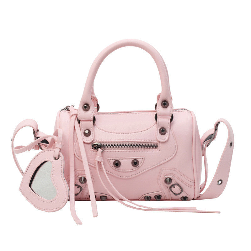 Ielgy High-End Rivets Hot Girl Style Texture Boston Handbag Niche One-Shoulder Messenger Motorcycle Bag