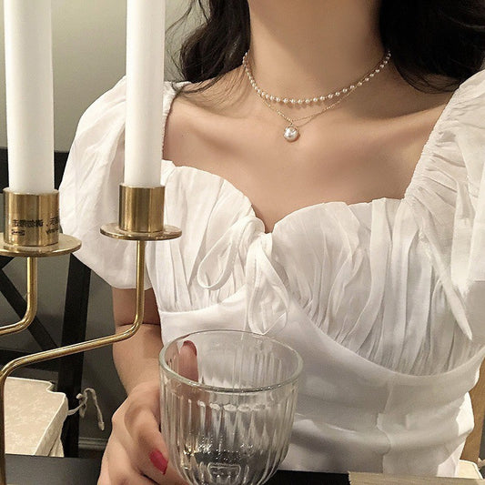 Ielgy Ladies Trendy All-Match Niche Double Pearl Pendant Necklace Simple Classy Necklace Clavicle Chain