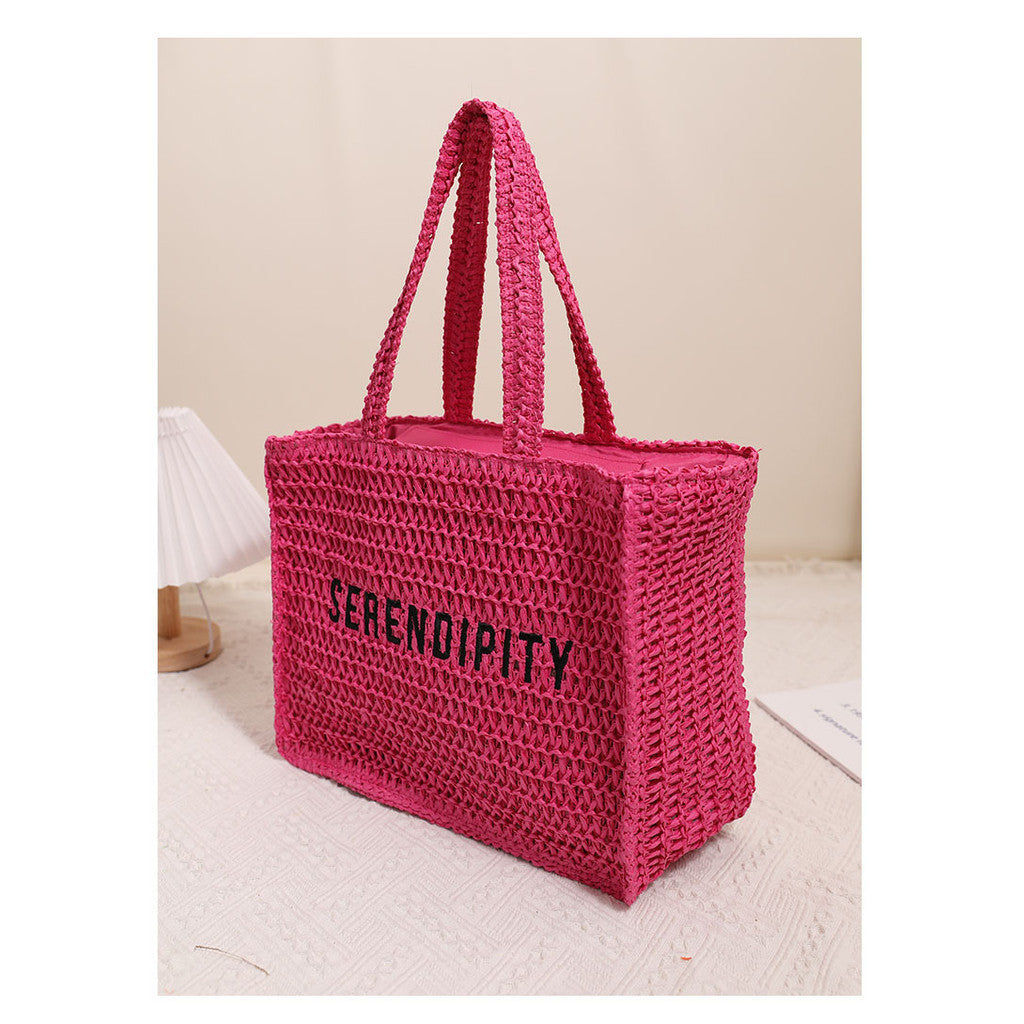 Ielgy Ladies Square Straw Bag Letter Embroidery One-Shoulder Portable Large-Capacity Woven Bag Vacation Be