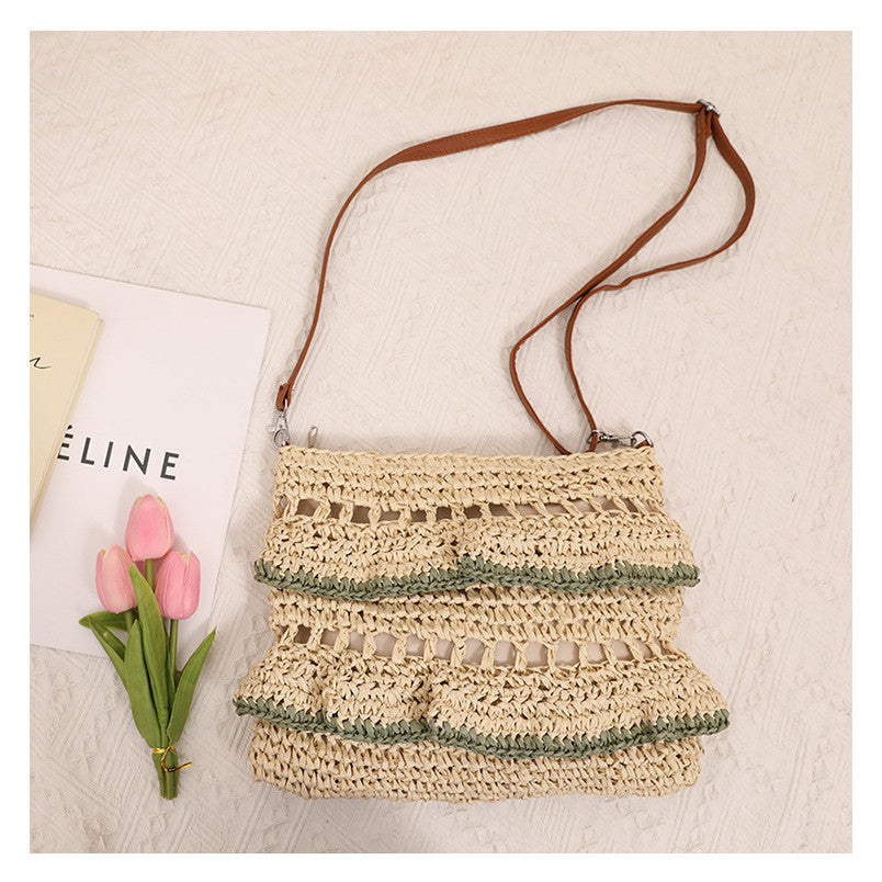Ielgy Cross-Body Lace Straw Bag Ruffled Colorful Woven Bag Seaside Beach Vacation Bag