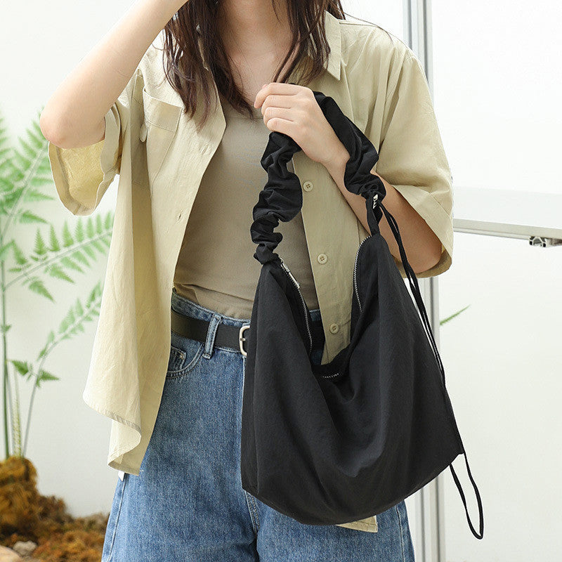 Ielgy Japanese Casual Drawstring Handbag Small Fresh Pleated Shoulder Fashion Nylon Cloth Crossbody Bag