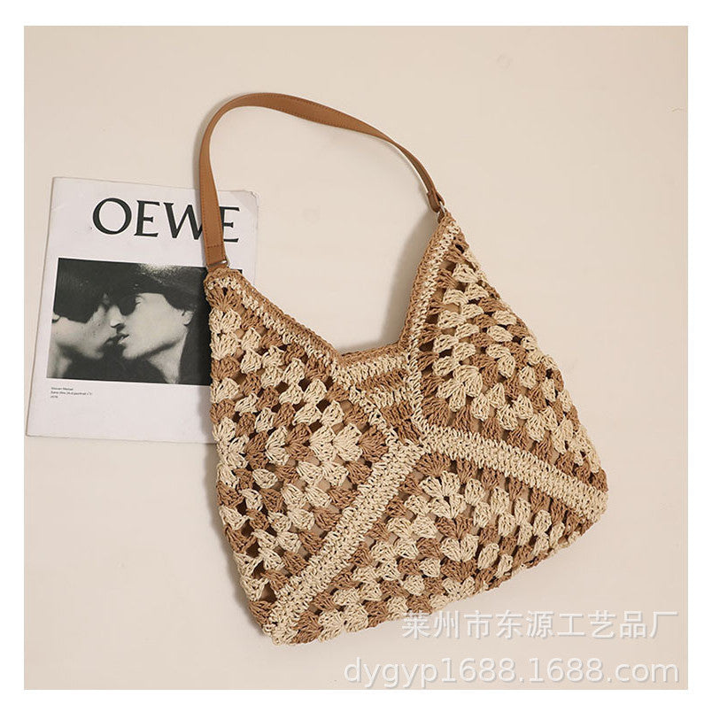 Ielgy Straw Hollow Contrast Color Woven Bag Vacation Beach Bag