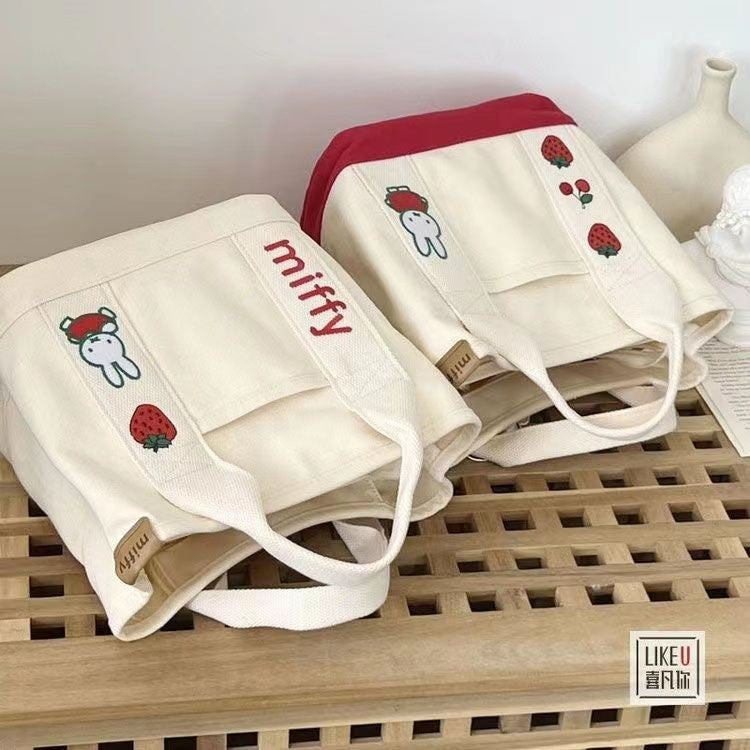 Ielgy Cartoon Strawberry Rabbit Embroidered Canvas Bag Outing Hand Bag Lunch Bag Office Worker Portable Storage Bag