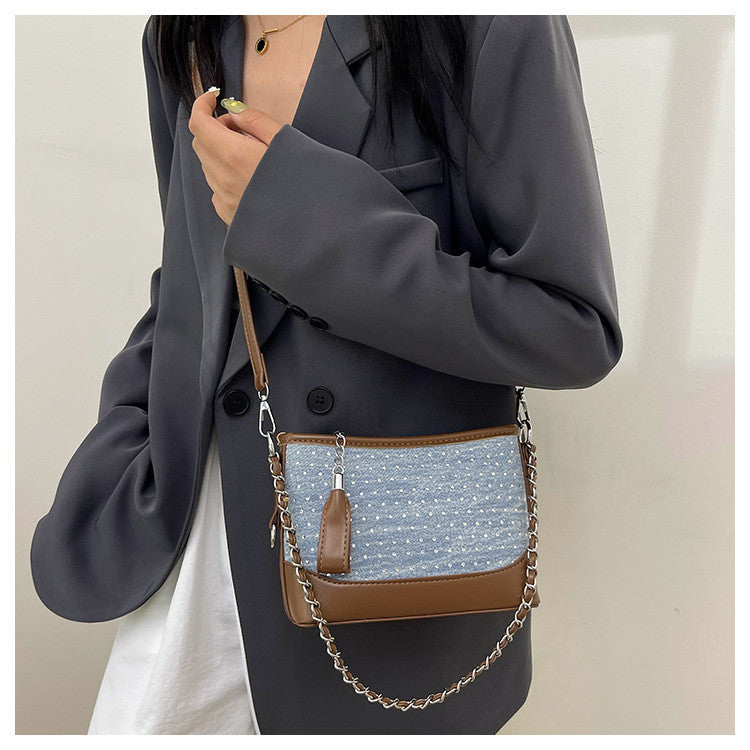 Ielgy Contrast Color Denim Bag All-Match Chain Cross-Body Bucket Bag