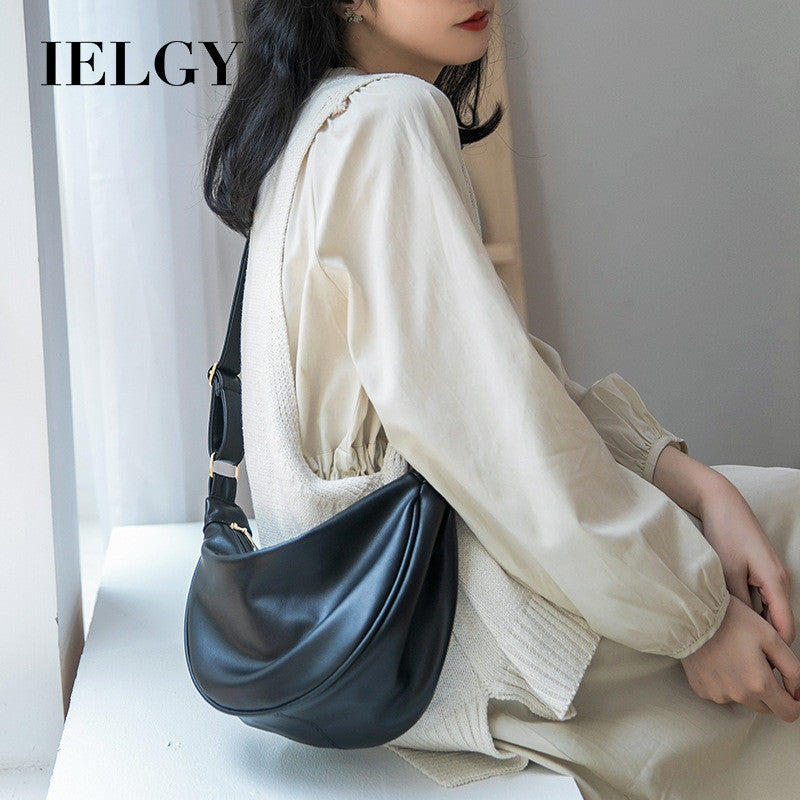 Ielgy Ladies Black PU Soft Leather Dumpling Bag Korean Version Shoulder Niche Crossbody Bag