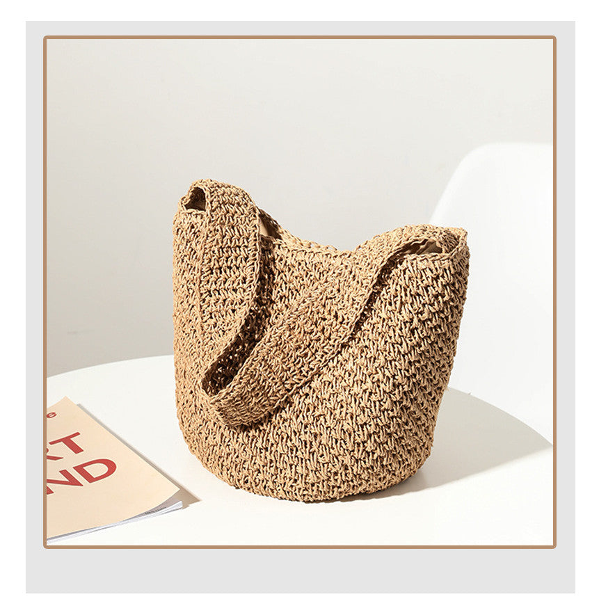 Ielgy Ladies Hand-Woven Bucket Bag Seaside Vacation Beach Bag