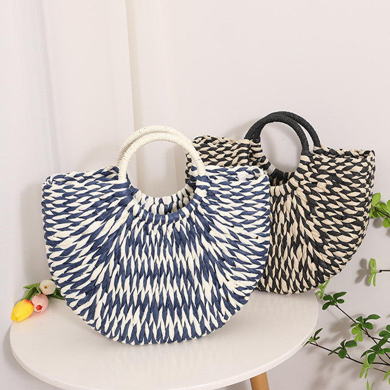 Ielgy Niche Semicircle Portable Straw Bag Retro Color Hand-Carrying Woven Seaside Vacation Beach Bag