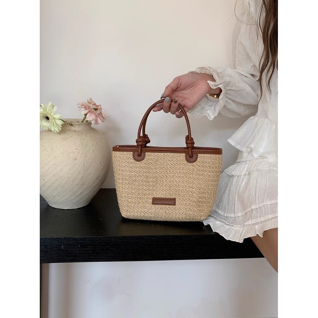 Ielgy Beach Style Portable Woven Small Bag Shoulder Cross-body Vegetable Basket Bucket Straw Bag