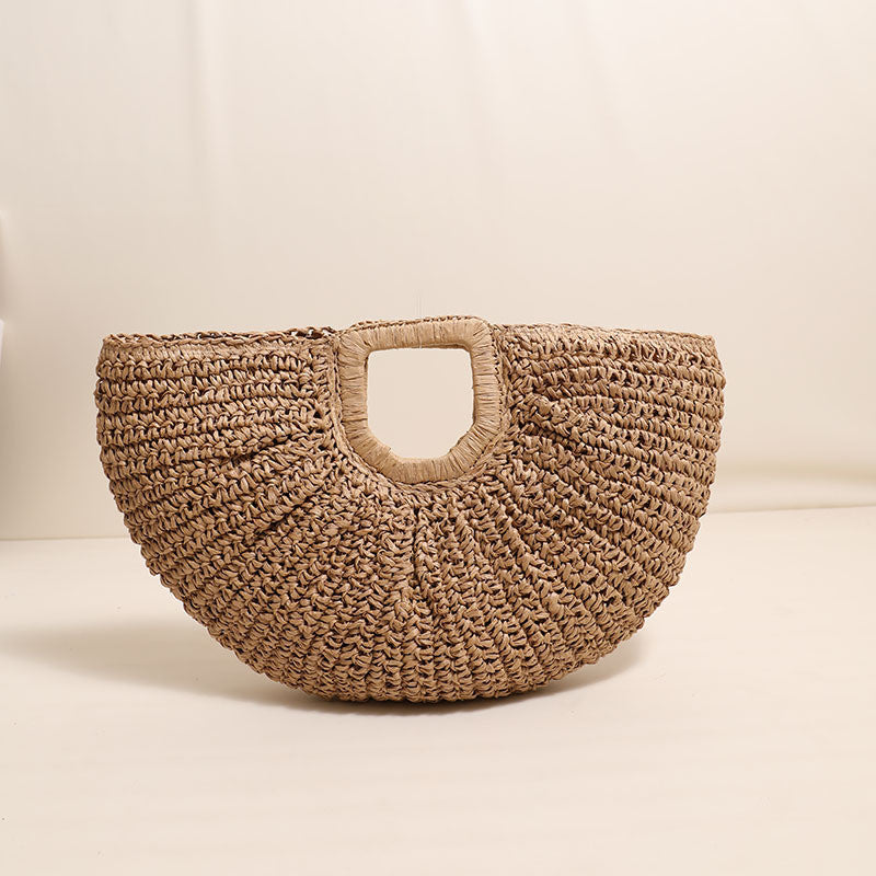 Ielgy All-Match Simple Solid Color Portable Straw Bag Moon Clutch Straw Bag Woven Holiday Style Beach Female Bag