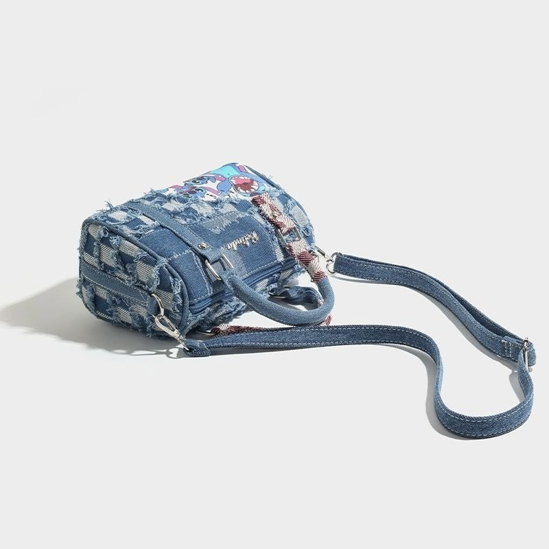 Ielgy Contrast Color Niche Cartoon Stitch Denim Bag Hole Stitching Cross-body Portable Pillow Bag