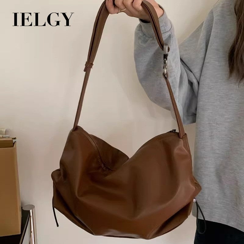 Ielgy Large-Capacity Pleated Tote Bag High-End Commuter Wide Shoulder Strap Messenger Bag