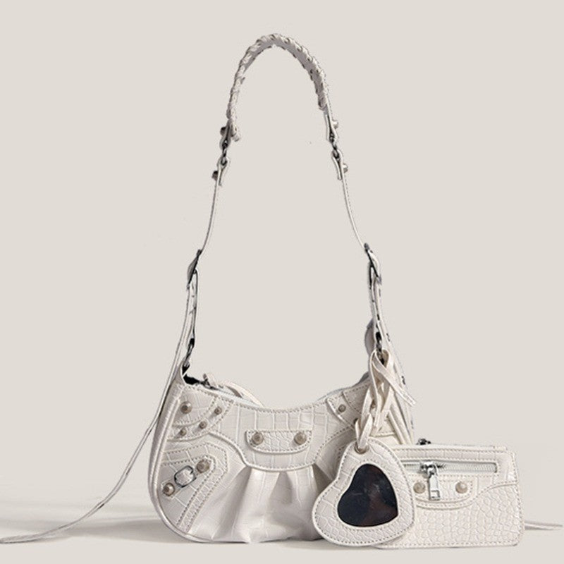 Ielgy Fashion Trendy Motorcycle Bag Underarm Bag Rivet Tassel High-End Feeling Pleated Shoulder Messenger Female Bag