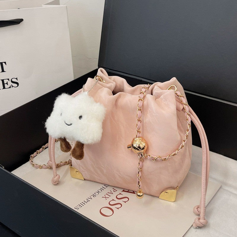 Ielgy Fashion Drawstring All-Match Cross-Body Bucket Bag Pink, White, Black Chain Drawstring Bag
