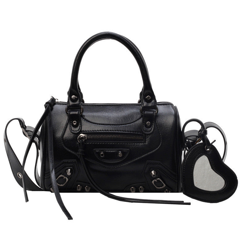 Ielgy High-End Rivets Hot Girl Style Texture Boston Handbag Niche One-Shoulder Messenger Motorcycle Bag