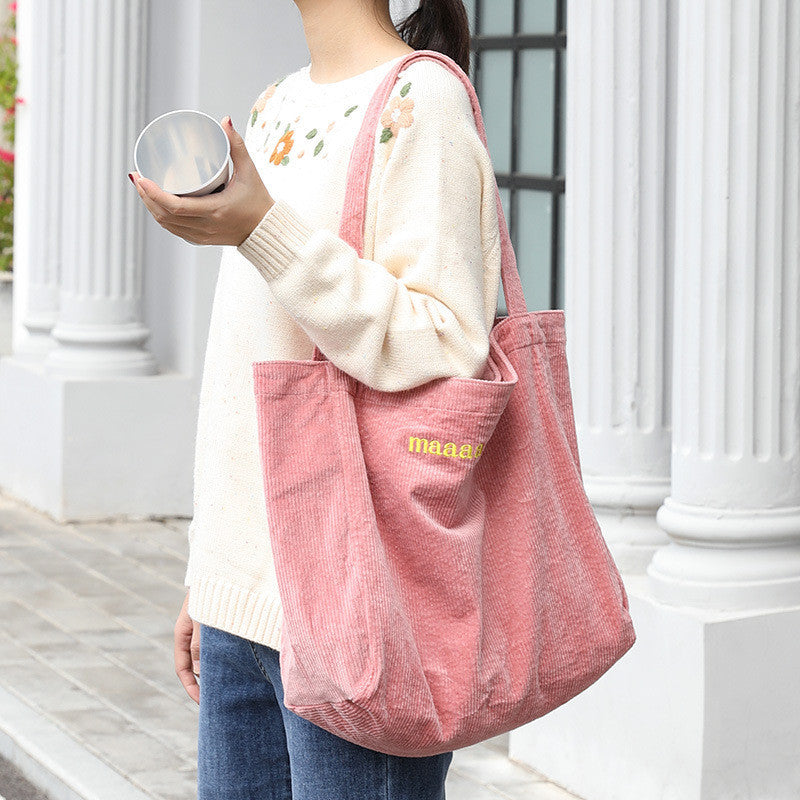 Ielgy Japanese Casual Literary Handbag Letter Embroidery Canvas Shopping Bag Fashion Corduroy Shoulder Bag