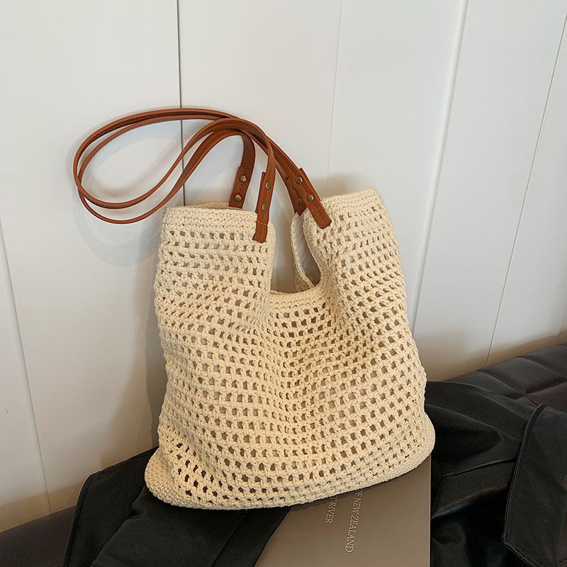 Ielgy Ladies Large-Capacity One-Shoulder Cotton Thread Woven Bag Hollow Mesh Pattern Tote Bag Seaside V