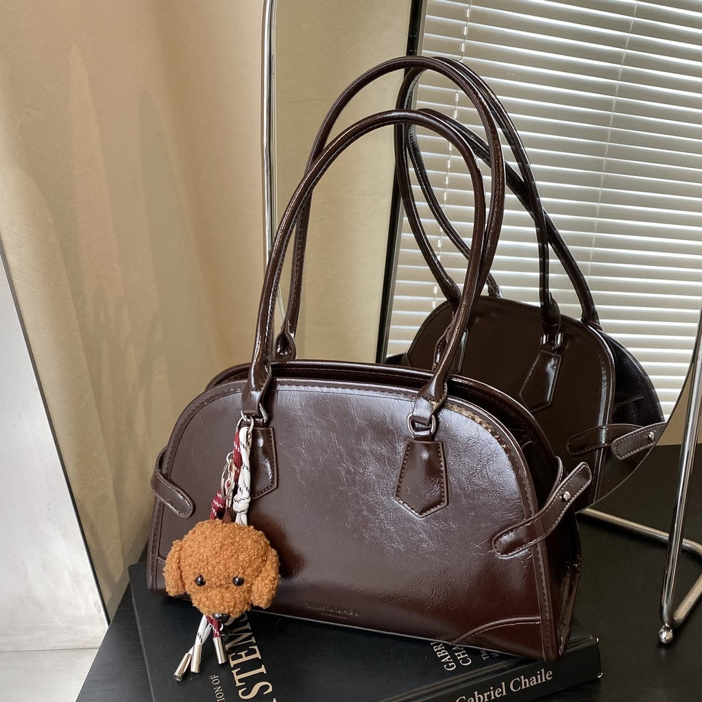 Ielgy Retro Oil Wax Leather Bowling Bag Large Capacity Underarm Pillow Bag High-End Handbag