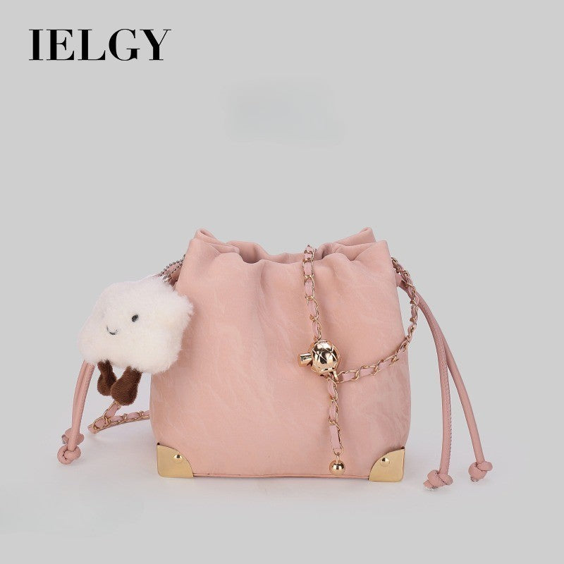 Ielgy Fashion Drawstring All-Match Cross-Body Bucket Bag Pink, White, Black Chain Drawstring Bag