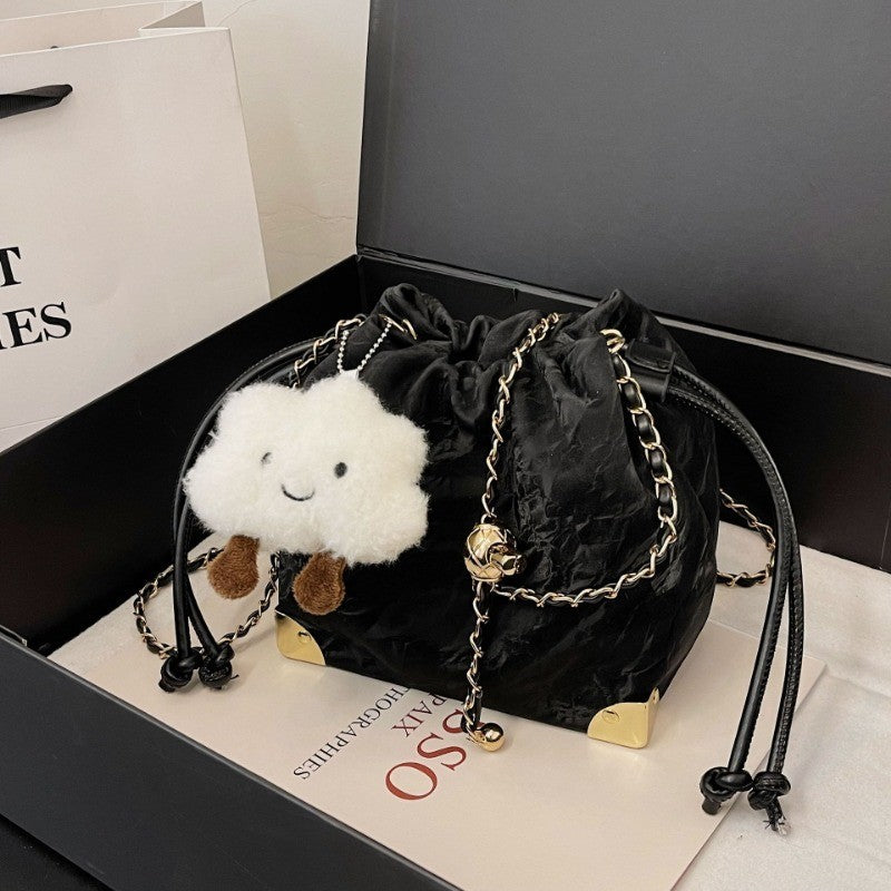 Ielgy Fashion Drawstring All-Match Cross-Body Bucket Bag Pink, White, Black Chain Drawstring Bag