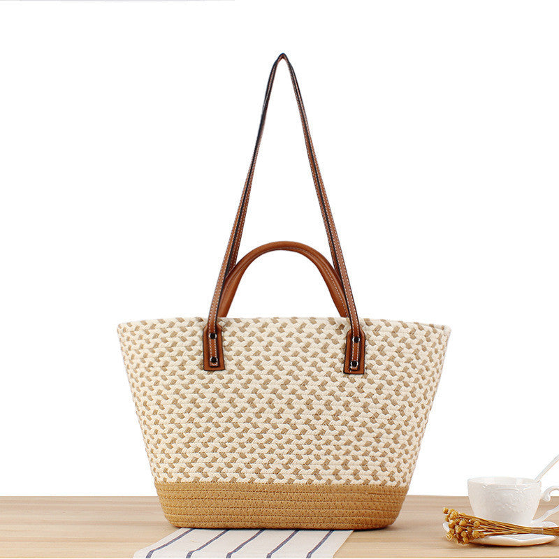 Ielgy Bohemian Style Hand-Woven Bag Seaside Vacation Travel Straw Woven Large Capacity Leisure Simple Commuter Female Bag