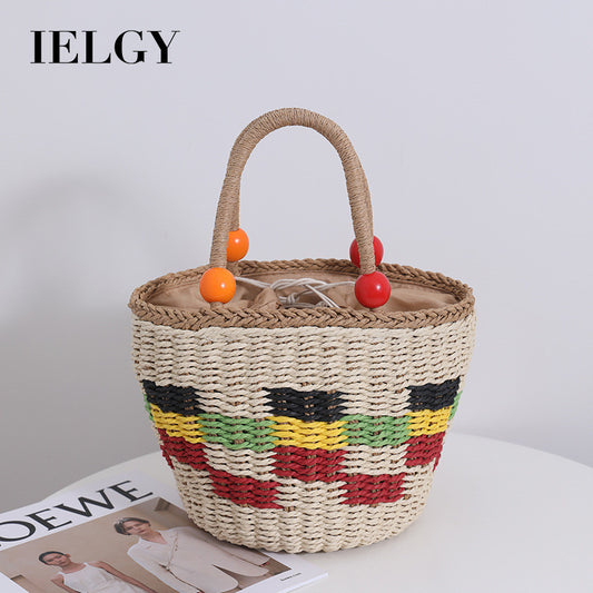 Ielgy Cute Wooden Bead Portable Straw Bag Small Fresh Colorful Lattice Hand-Carrying Woven Bag Fruit Picnic Basket Beach Bag