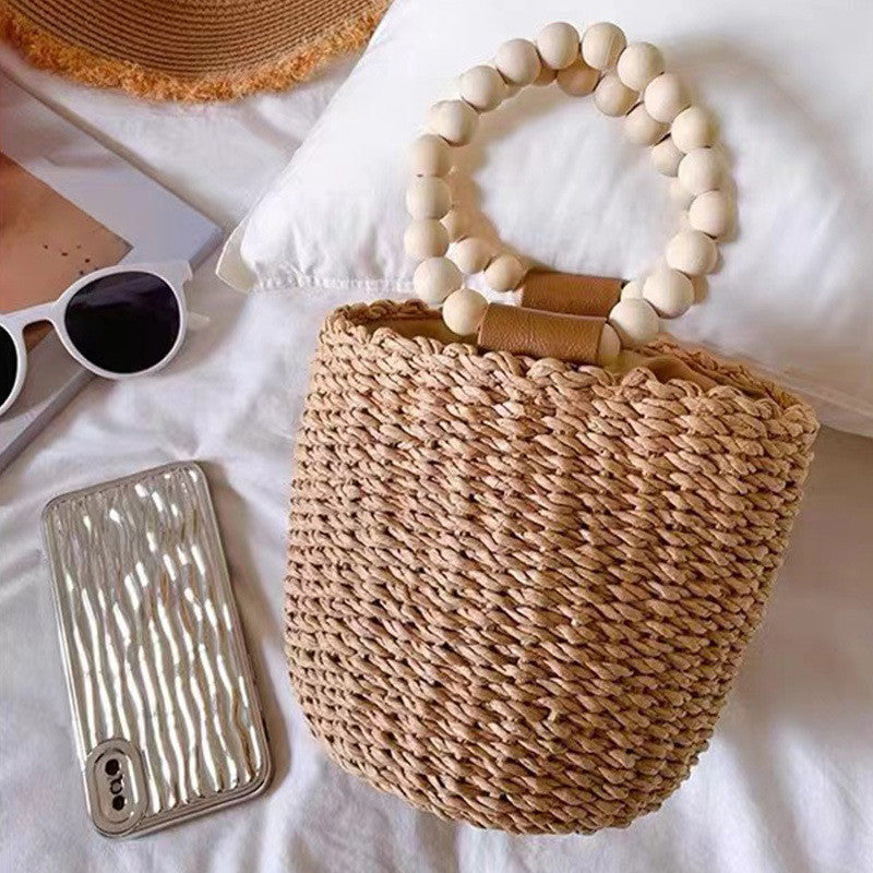 Ielgy Cute Beaded Portable Straw Bucket Bag Hand-Carrying Straw Bag Vacation Style Beach Woven Bag All-Match