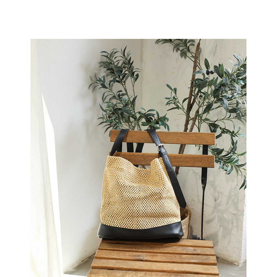 Ielgy Japanese Casual Stitching Child-Mother Bag Vacation Beach Straw Woven One-Shoulder Messenger Fe