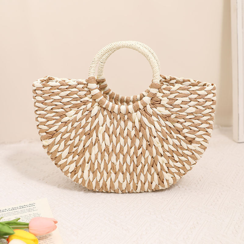 Ielgy Niche Semicircle Portable Straw Bag Retro Color Hand-Carrying Woven Seaside Vacation Beach Bag