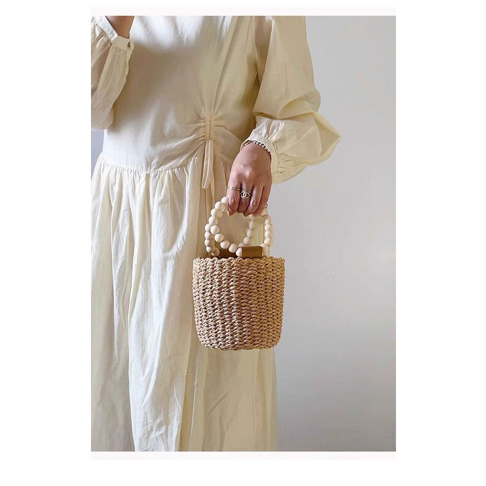 Ielgy Cute Beaded Portable Straw Bucket Bag Hand-Carrying Straw Bag Vacation Style Beach Woven Bag All-Match