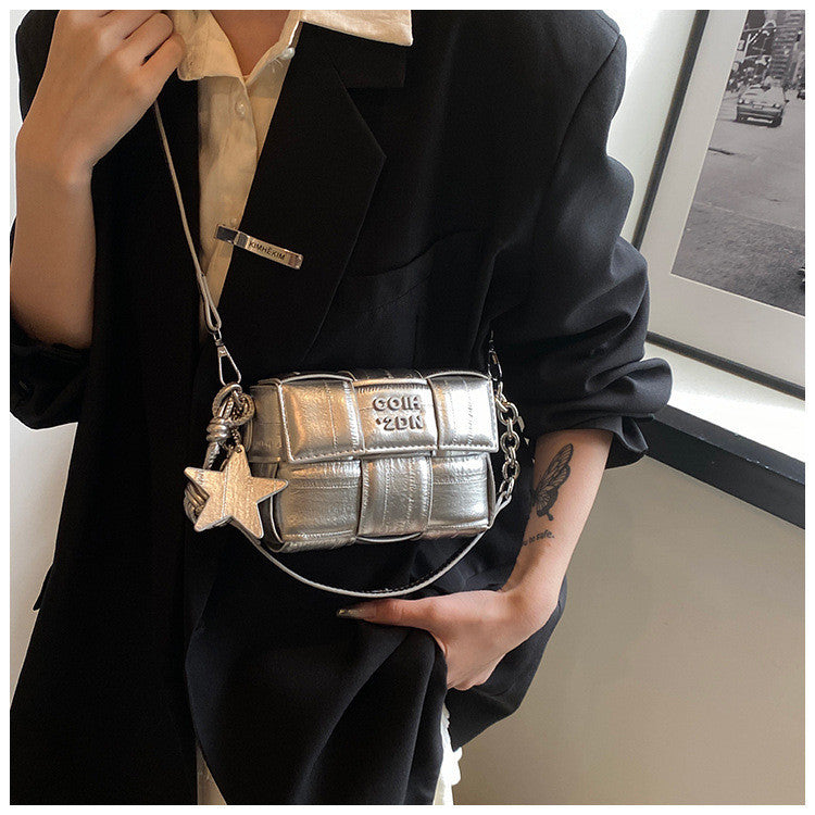 Ielgy All-Match Silver Feel One-Shoulder Messenger Woven Small Square Bag High-End Mobile Phone