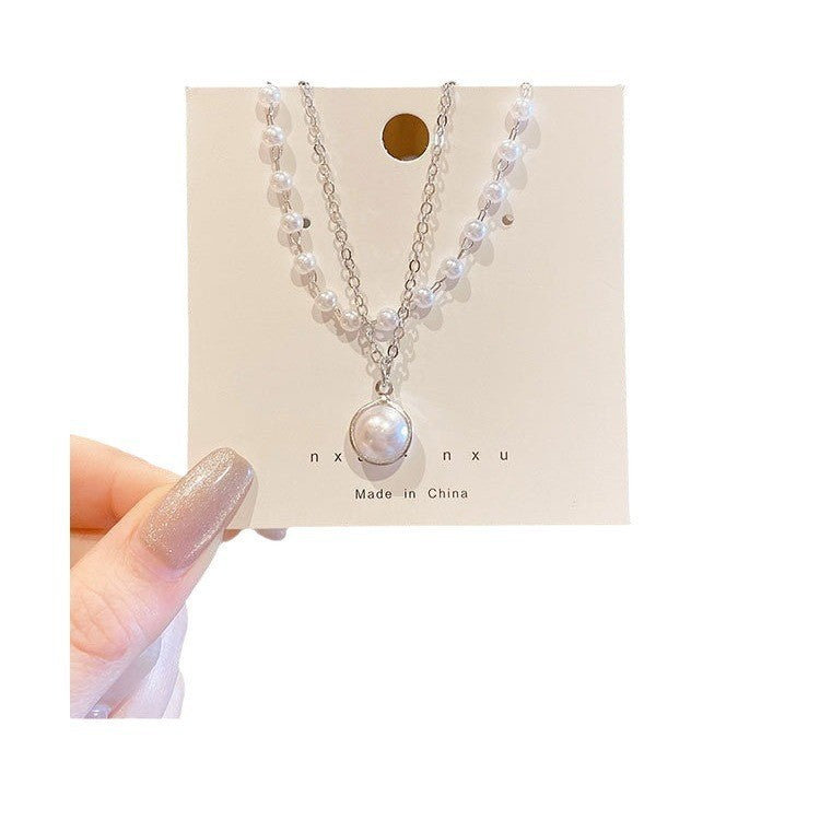 Ielgy Ladies Trendy All-Match Niche Double Pearl Pendant Necklace Simple Classy Necklace Clavicle Chain