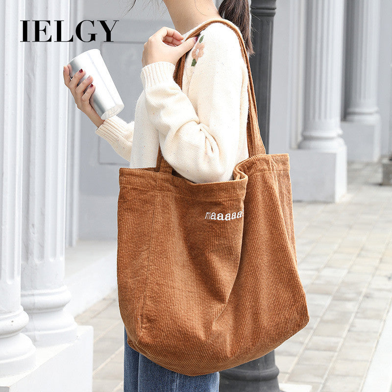 Ielgy Japanese Casual Literary Handbag Letter Embroidery Canvas Shopping Bag Fashion Corduroy Shoulder Bag