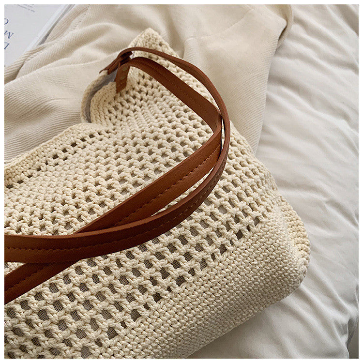 Ielgy Ladies Large-Capacity One-Shoulder Cotton Thread Woven Bag Hollow Mesh Pattern Tote Bag Seaside V