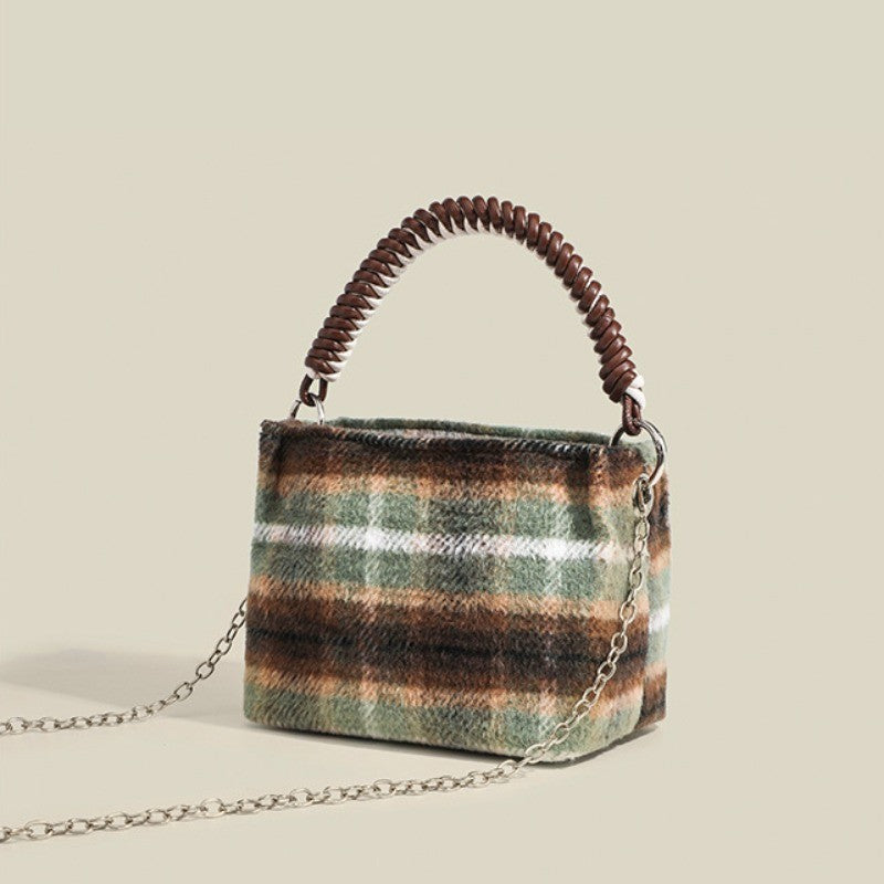 Ielgy Korean Style Lazy Style Portable Plaid Bag Woolen Shoulder Simple Niche Chain Bucket Bag