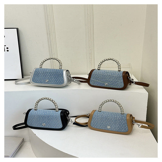 Ielgy Beaded Portable Denim Small Square Bag Summer All-Match Texture Fashion One-Shoulder Messenger Bag