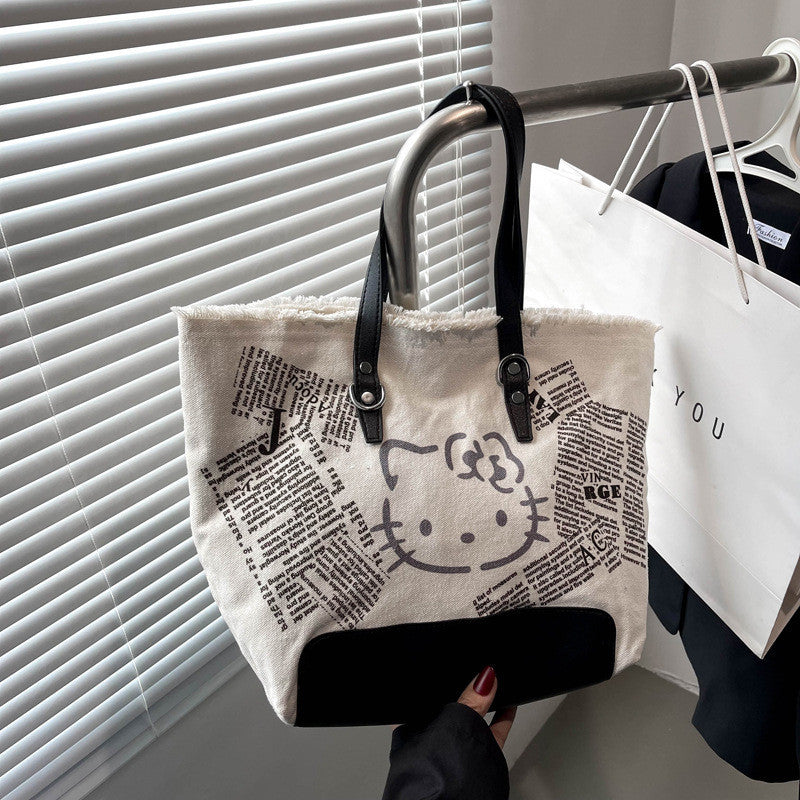 Ielgy Letter Tassel Canvas Bag Ladies Large-Capacity Simple Commuter Student One-Shoulder To