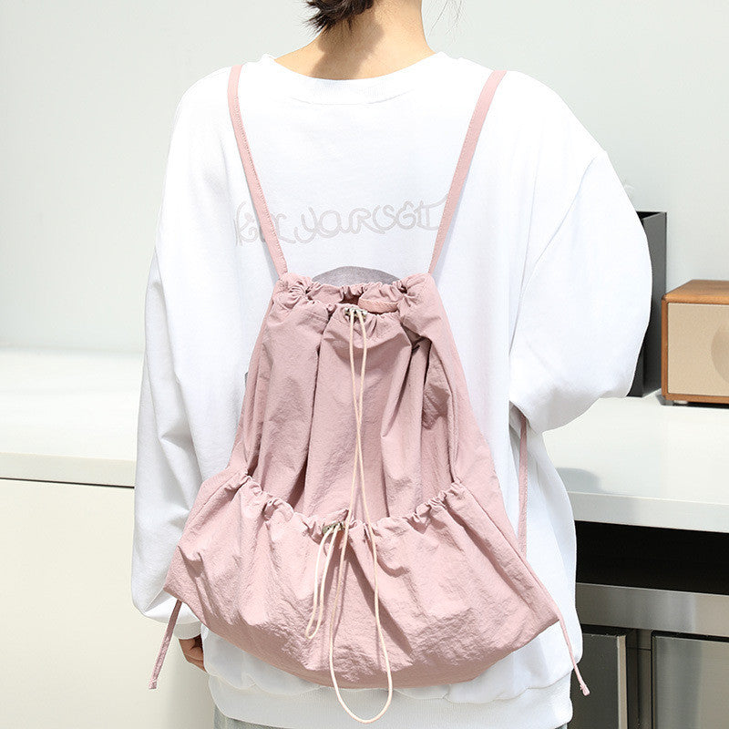 Ielgy Japanese Casual Art Canvas Backpack Fashion Drawstring Pleated School Bag Nylon Large-Capacity Backpack Khaki