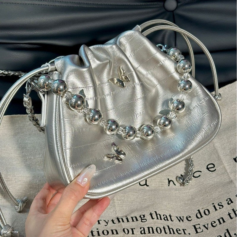 Ielgy Simple Fashion Bucket Female Bag Silver Shoulder Messenger Bag Drawstring Butterfly Eel Portable Small Square Bag