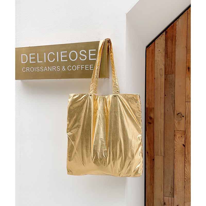Ielgy Korean Version Casual Retro Tin Foil Handbag Fashion Nylon Solid Color Literary Platinum Shoulder Bag