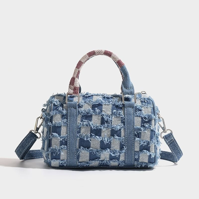 Ielgy Contrast Color Niche Cartoon Stitch Denim Bag Hole Stitching Cross-body Portable Pillow Bag