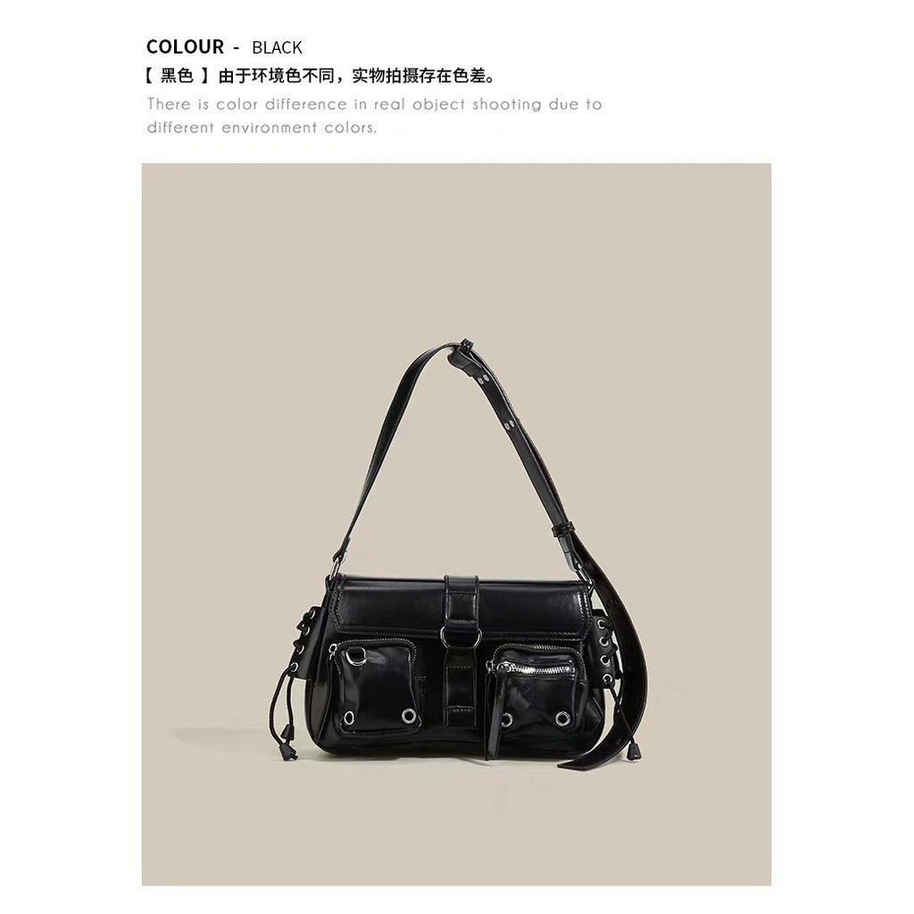 Ielgy High-End Feeling Black Motorcycle Bag Sweet Cool Hot Girl Baguette Bag Niche One-Shoulder Messenger Underarm Bag