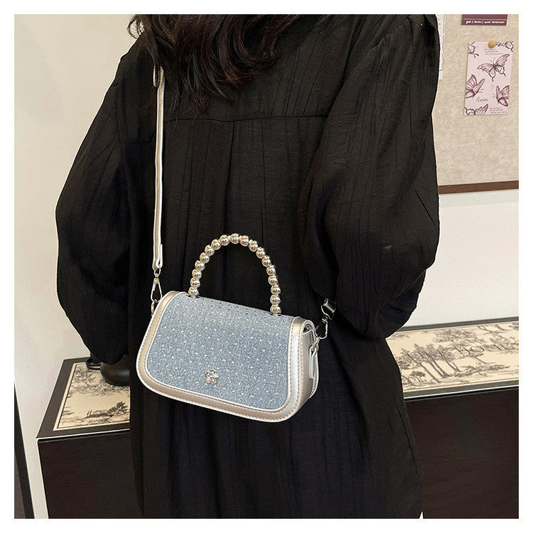 Ielgy Beaded Portable Denim Small Square Bag Summer All-Match Texture Fashion One-Shoulder Messenger Bag