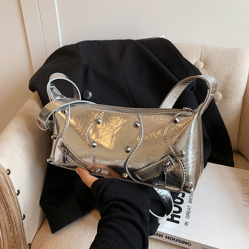 Ielgy Ladies Fashionable Hot Girl Style High-End Simple Shoulder Bag All-Match Silver Cross-Body Bag
