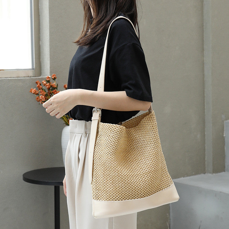 Ielgy Japanese Casual Stitching Child-Mother Bag Vacation Beach Straw Woven One-Shoulder Messenger Fe