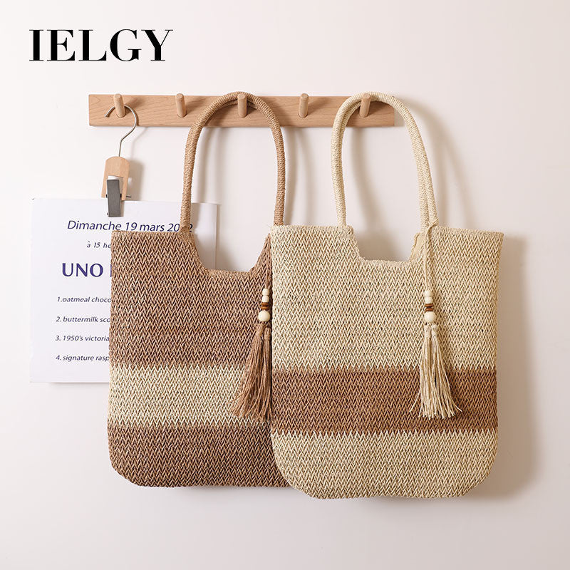 Ielgy Ladies Two-Color Tassel Woven Bag Fashion One-Shoulder Casual Straw Beach Bag